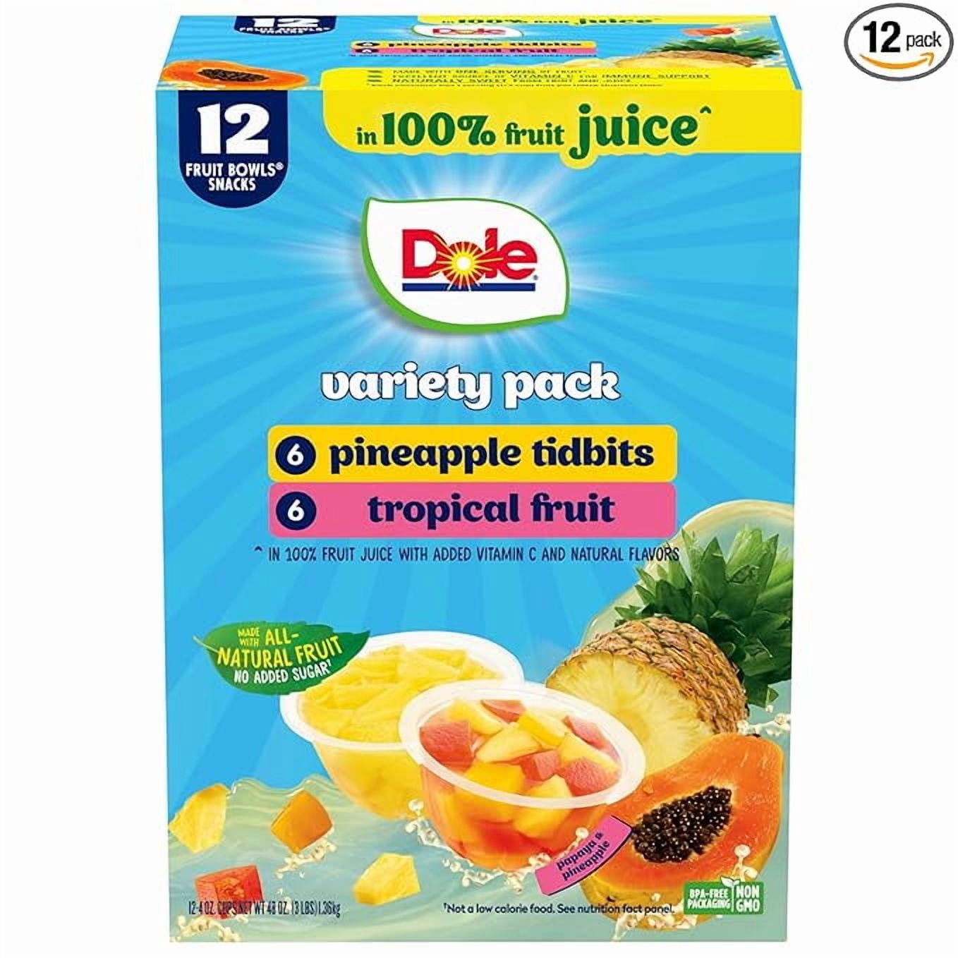 Pineapple Tidbits and Tropical Fruit in 100% Juice Variety Pack - Fruit Bowls Snacks - 4 oz Bowls - 12 Pack