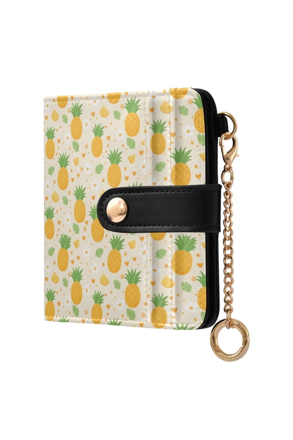 Pineapple Tree Leaves and Flowers Small Wallet for Women RFID Blocking Bifold PU Leather Credit Card Holder with Zipper Coin Pocket Compact Cute Travel Purse Magnetic Snap 7 Card Slots