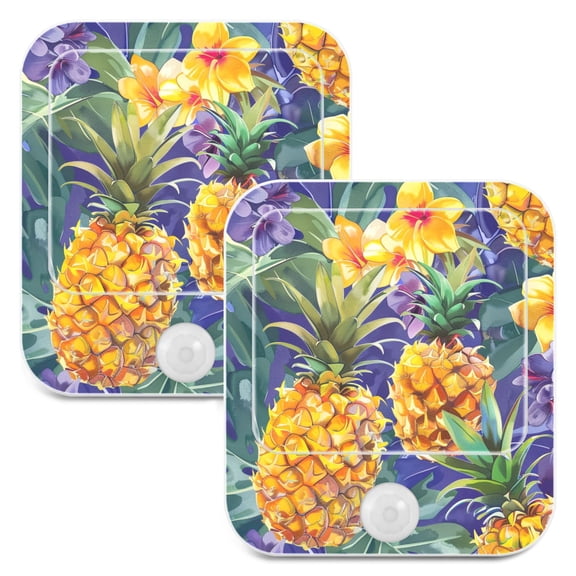 Pineapple Tropical Flowers 2 Pack LED Motion Sensor Night Light Plug into Wall Auto Dusk to Dawn Adjustable Brightness for Kids Bedroom Hallway Nursery Room