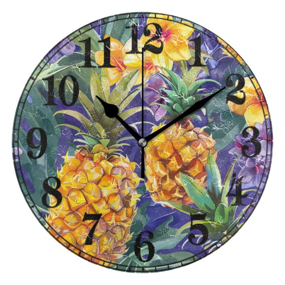 Pineapple Tropical Flowers Silent Wall Clock 10" Non-Ticking Battery Clock