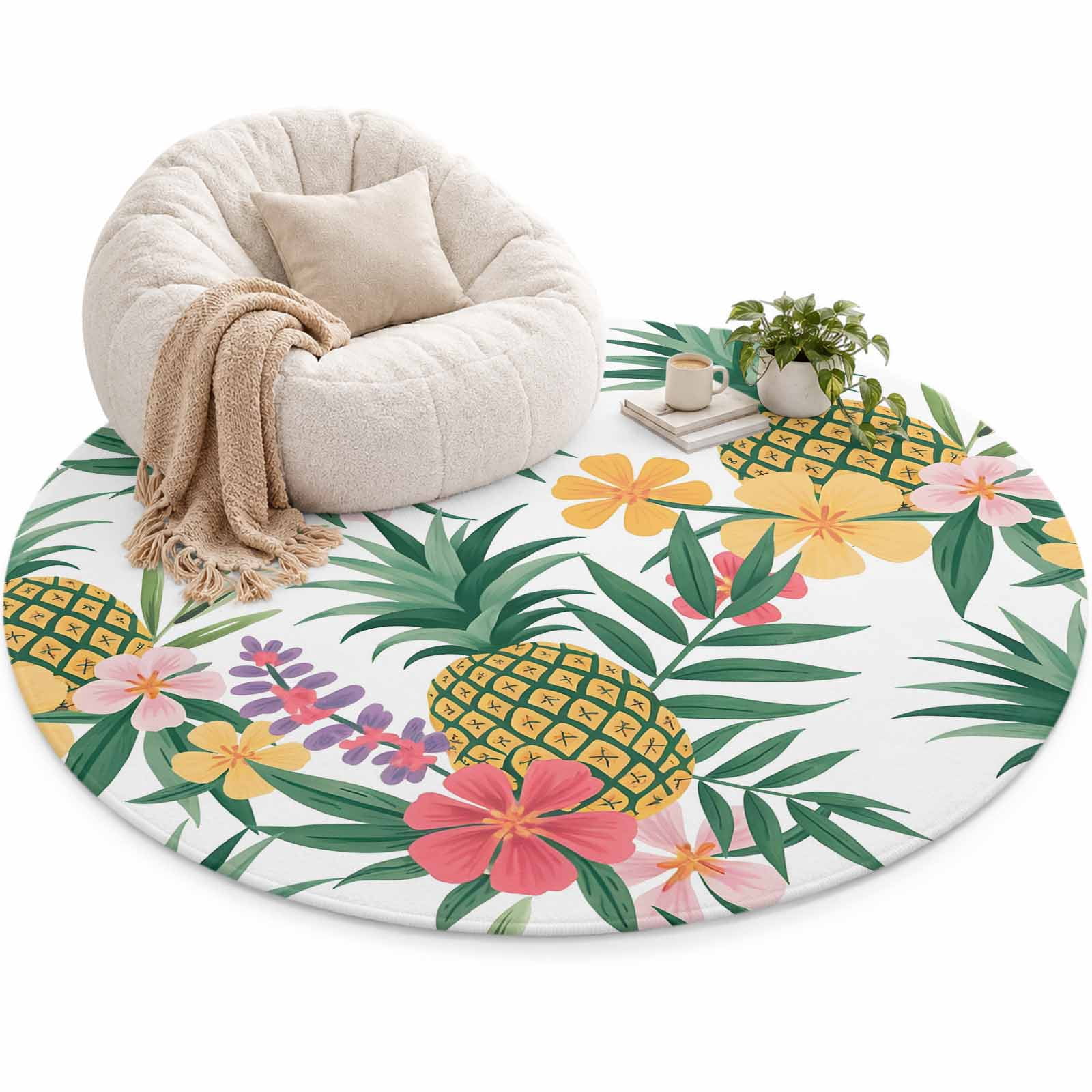 Pineapple Tropical Leaves Area Rug 6', Watercolor Flowers Summer Soft ...