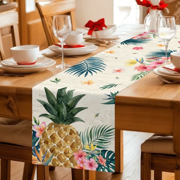 Pineapple Tropical Leaves Flower Table Runner 36 Inches Long,Kitchen Dining Tablerunners Palm Leaf Monstera Leaves Linen Table Runners Dresser Scarves for Home Dinner Wedding Holiday Party Decor