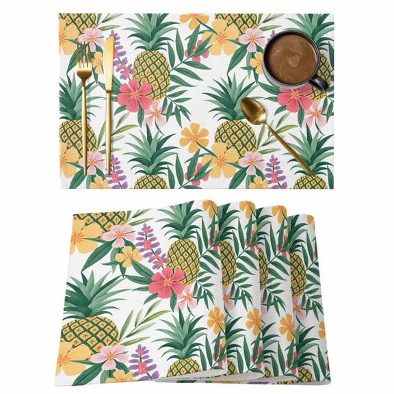 Pineapple Tropical Leaves Placemats Set of 1 Watercolor Flowers Summer Heat Insulation Washable Place Mats, Rustic Non-Slip Table Mats for Dining Table Party Kitchen Decor,13x19 Inch