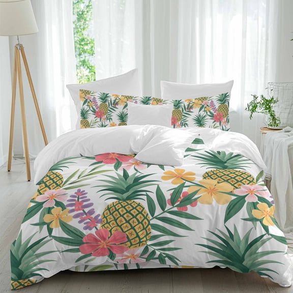 Pineapple Tropical Leaves Queen Size Comforter Set, Watercolor Flowers Summer Bedding for All Seasons, 4 Pcs Bed Set, 1Quiltcover (90"x92") ,1Sheet(94"x116"), 2Pillowcases (30"x20")