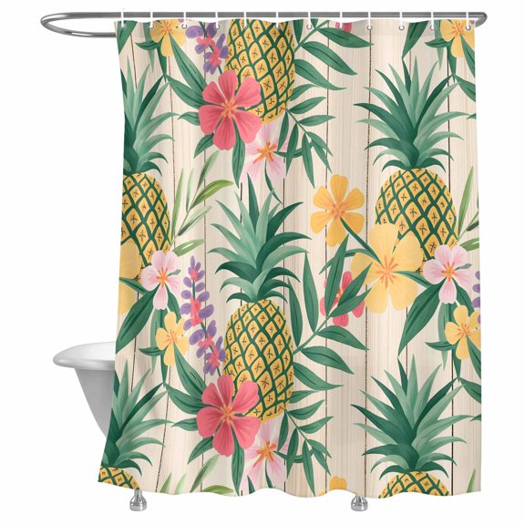 Pineapple Tropical Leaves Shower Curtain, Summer Watercolor Flowers Board Lightweight Waterproof Fabric Shower Curtain with Rustproof Grommets for Bathroom Bathtub 36x72in