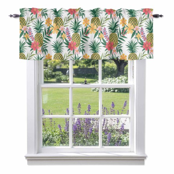 Pineapple Tropical Leaves Valance Curtain for Windows Watercolor Flowers Summer Rod Pocket Curtain Valances Short Window Treatments Panels for Kitchen Bathroom Laundry Room Basement 42 x 12 Inch