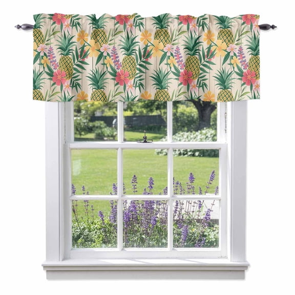 Pineapple Tropical Leaves Valances for Windows Summer Watercolor Flowers Board Rod Pocket Cafe Window Treatments Valance Curtains for Kitchen Bathroom Laundry Basement Windows 60"x14"