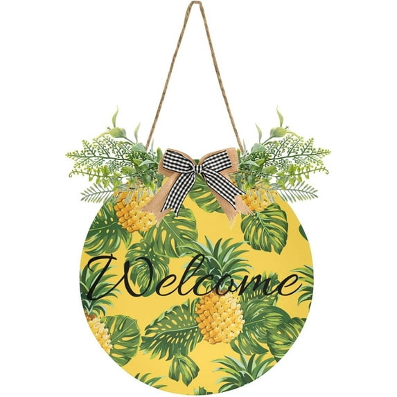Pineapple Tropical Leaves Welcome Sign for Front Door, Round Sign Hanging Welcome Sign Welcome Wreath for Farmhouse Porch Door Home Decor
