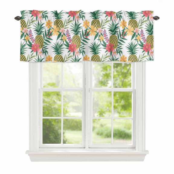 Pineapple Tropical Leaves Window Valance for Kitchen, Watercolor Flowers Summer Rod Pocket Short Curtain for Small Windows, Light Filtering Decorative Valance, 42 x 12 Inch, 1 Panel
