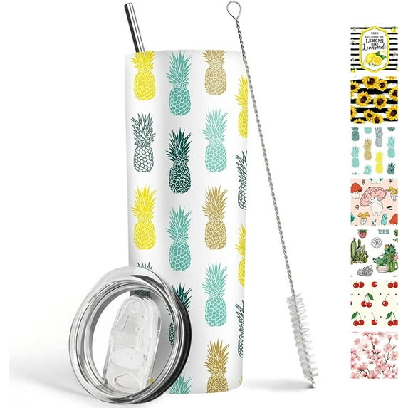 Pineapple Tumbler 20 oz Travel Coffee Mug Pineapple Print Skinny Tumblers with Lid and Straw Stainless Steel Insulated Coffee Cups Gift for Pineapple Lover