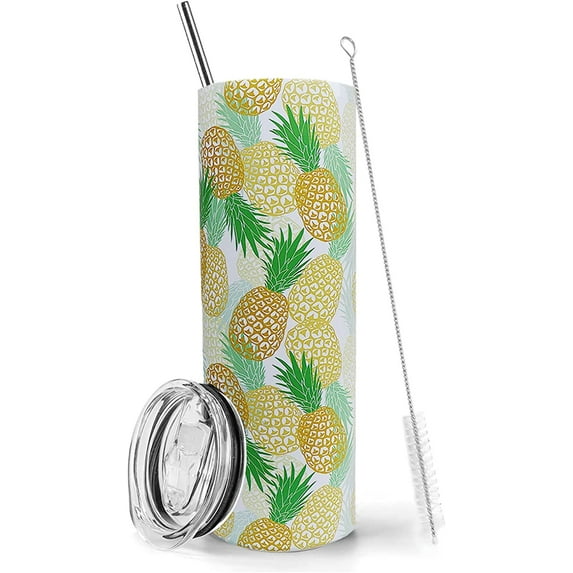 Pineapple Tumbler With Lid and Straw 20 oz Insulated Upside Down Pineapple Tumbler Stainless Steel Pineapple Skinny Tumbler Water Bottle Travel Mug Pineapple Cups Gifts for Women