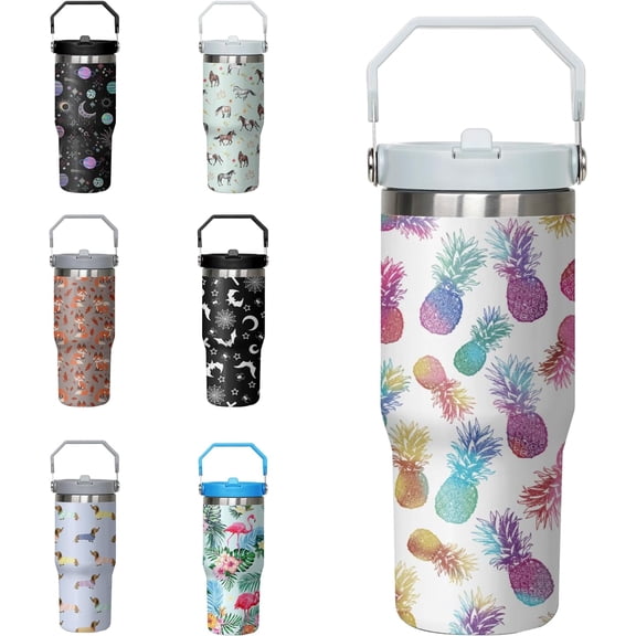 Pineapple Tumbler with Handle and Flip Straw for Women Men, 30oz Stainless Steel Insulated Cup, Water Bottle Travel Coffee Mug Gifts
