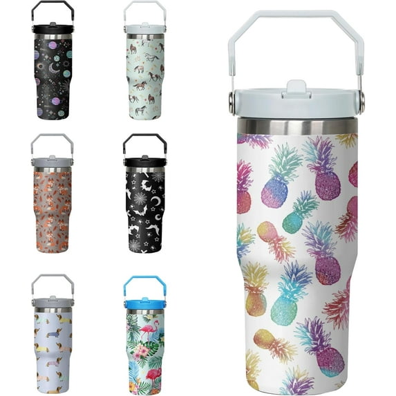Pineapple Tumbler with Handle and Flip Straw for Women Men, 30oz Stainless Steel Insulated Cup, Water Bottle Travel Coffee Mug Gifts