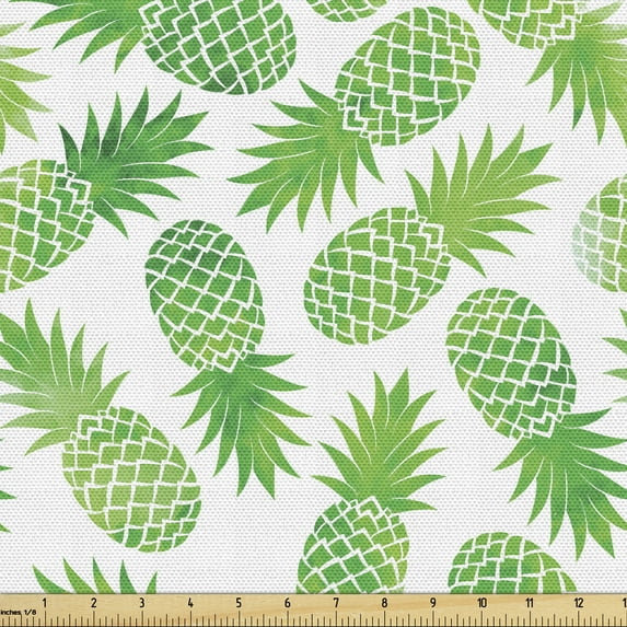 Ambesonne Green Fabric by the Yard Upholstery, Exotic Pineapple Pattern, 10 Yards, Green White