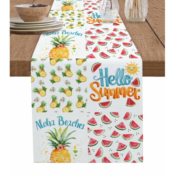 Pineapple Watermelon Table Runner Cotton Linen 108 Inch Holiday Dresser Scarves, Summer Modern Fruit Watercolor Tablerunner for Kitchen Coffee Dining Bedroom Dinner Scarf Décor 13''x108''