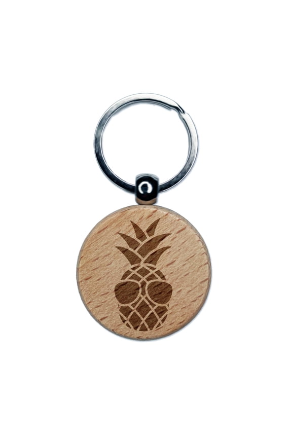 Pineapple Wearing Sunglasses Round Keychain Charm Tag - Engraved Wood