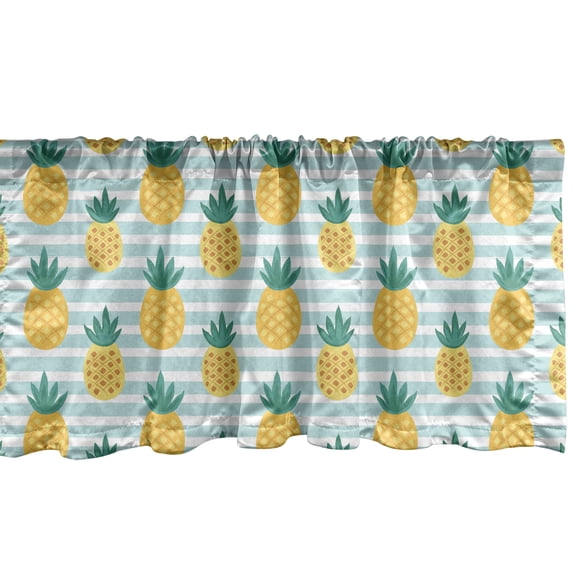 Pineapple Window Valance Pack of 2, Tropical Exotic Fruit Illustrated Pattern on Stripes, Rod Pocket Curtain Valances for Kitchen Bedroom, 54" X 18", Earth Yellow Teal, by Ambesonne