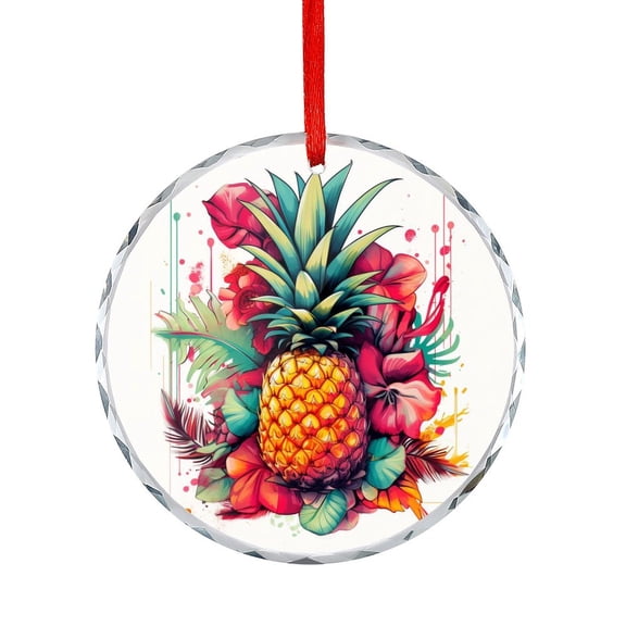 Pineapple With Tropical Flowers Glass Ornament Summer Tropical Sweet Fresh Fruit Organic Plant Hanging Ornament Holiday Ornaments Decoration for Home
