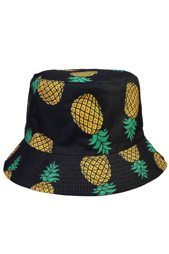 Pineapple Women Reversible Bucket Hat Summer Travel Lightweight Foldable Beach Outdoor Hat - Black