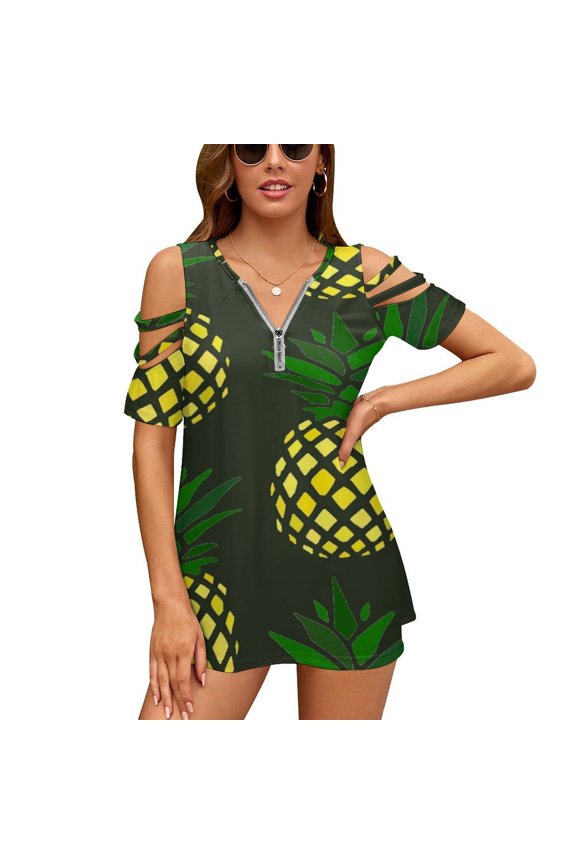 Pineapple Womens Summer V Neck Zipper Top Short Sleeve T Shirt Off Shoulder Top Casual Classy Loose Shirts