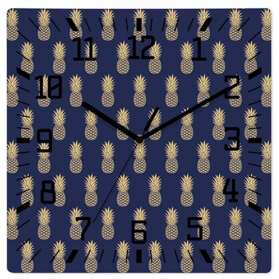Pineapple Wooden Wall Clock Silent Non Ticking, Yellow Fruit Navy Blue Summer Tropical Square Wall Clocks Battery Operated, Decor Clock for Home Office, Living Room, Kitchen, 12 Inch