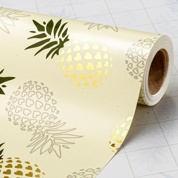Pineapple Wrapping Paper Roll - Gold Foil Design with Cut Lines for Birthdays, Holidays, Weddings, Baby Showers - 17" x33ft,Yellow Wraping Paper,Shiny Gift Wrapping