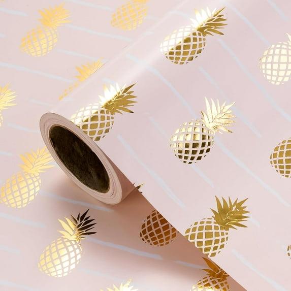 Pineapple Wrapping Paper Roll - Mini Roll - 17 Inch x 16.5 Feet - Pink and Gold Foil Pineapple Design for Birthday, Wedding, Bridal Shower, Baby Shower