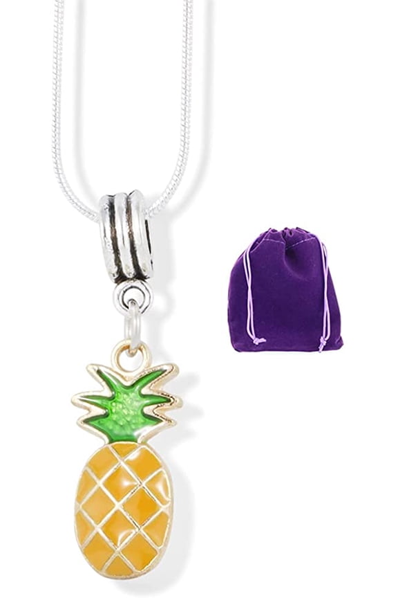 Pineapple Yellow with Green Stem on Gold Colored Charm Charm Snake Chain Necklace