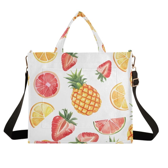 Pineapple and Strawberry Corduroy Tote Bag Handbag Large Messenger Bag Shoulder Crossbody Zipper Bag Purse