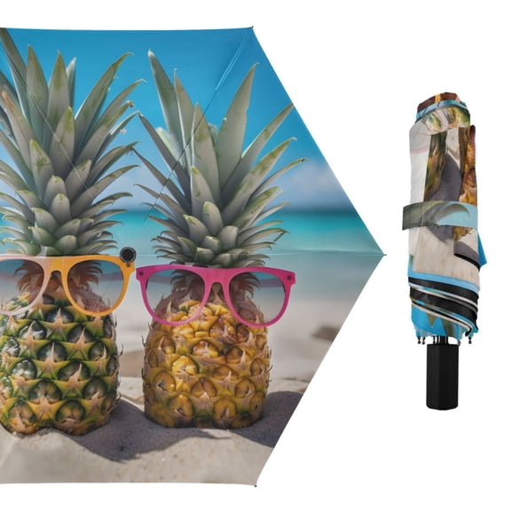 Pineapple with Sunglasses Compact Sun Umbrella Windproof Travel Umbrellas for Rain Strong Portable UV Protection