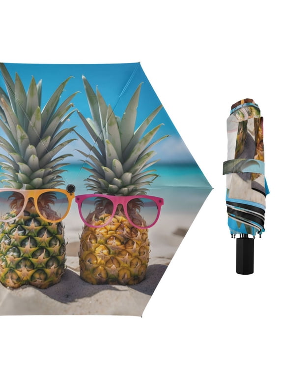 Pineapple with Sunglasses Compact Sun Umbrella Windproof Travel Umbrellas for Rain Strong Portable UV Protection