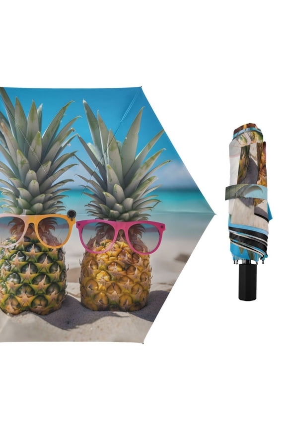 Pineapple with Sunglasses Compact Sun Umbrella Windproof Travel Umbrellas for Rain Strong Portable UV Protection