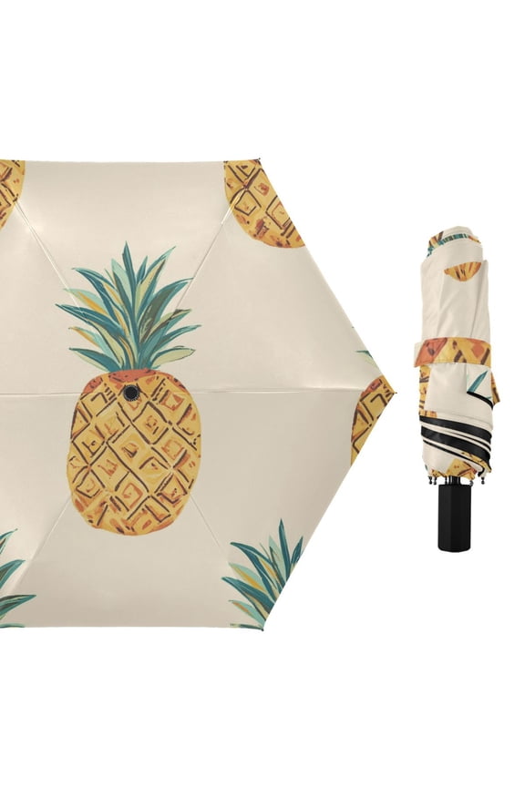 Pineapples Boho Style All Weather Umbrella Triple Folding Parasol 6 Ribs UV Protection Portable