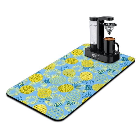 Pineapples Dish Drying Mat, Tropical Summer Fruit Yellow Golden Exotic Absorbent Kitchen Mat