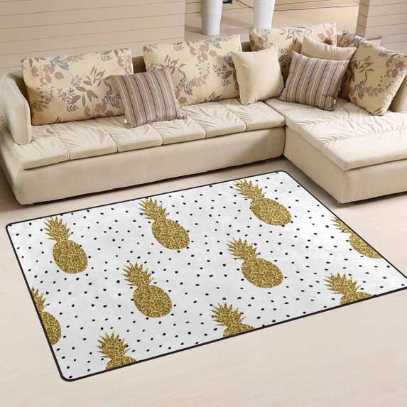 Pineapples in Gold Glitter on Black and White Dots Non Slip Area Rug for Living Dinning Room Bedroom Kitchen, 3' x 5'(39 x 60 Inch), Tropical Pineapple Nursery Rug Floor Carpet