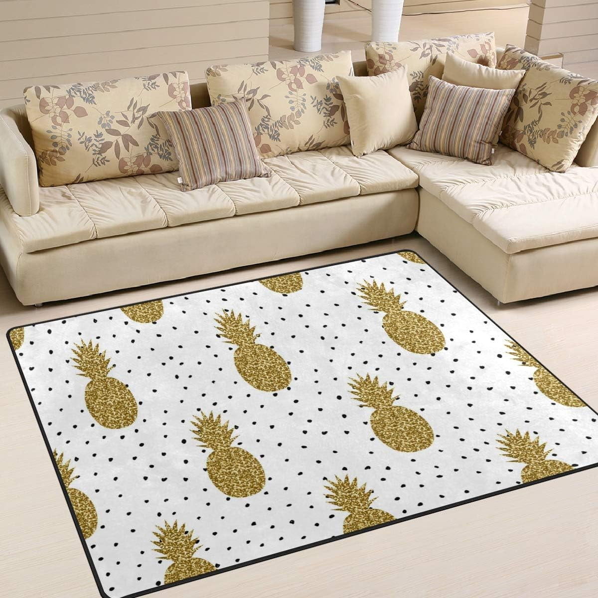 Pineapples in Gold Glitter on Black and White Dots Non Slip Area Rug