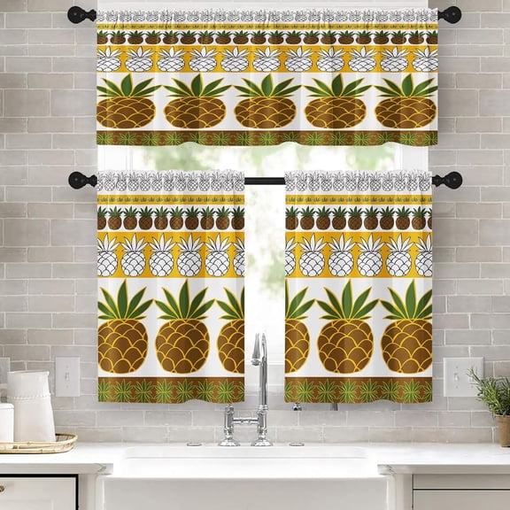 Pineapples Kitchen Curtains Fruit Window Curtains Valance and Tier Set 36 Inch, Summer Tropical Rod Pocket Short Tier Curtain for Bedroom Living Room, Ethnic Small Cafe Kitchen Decor