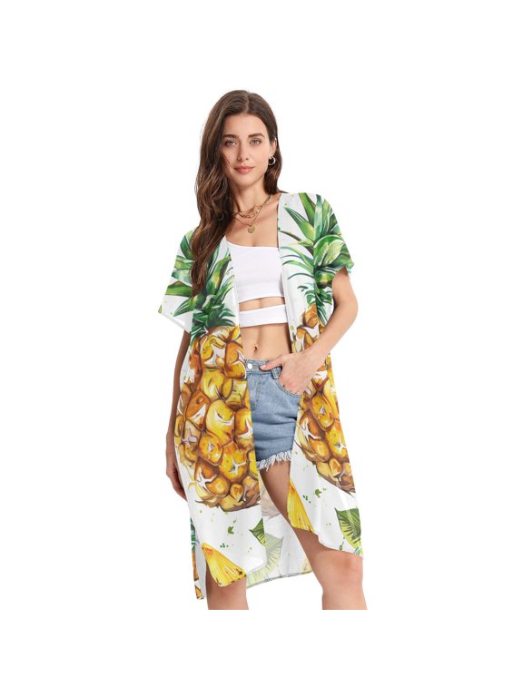 Pineapples Leaves Women Swimsuit Cover up V Neck Beach Dress Short Sleeve Vacation Outfits Swimwear