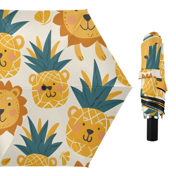 Pineapples Lions All Weather Umbrella Triple Folding Parasol 6 Ribs UV Protection Portable