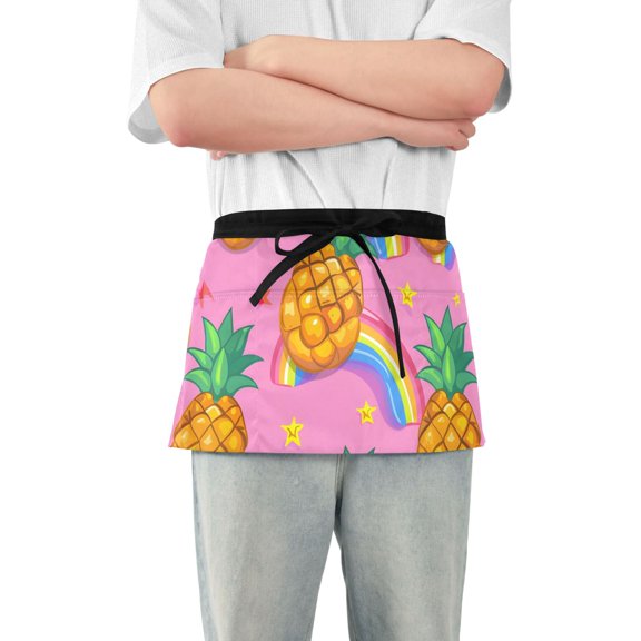 Pineapples Rainbows Stars Cartoon Short Server Apron with 3 Pockets for Unisex Chef Gardening