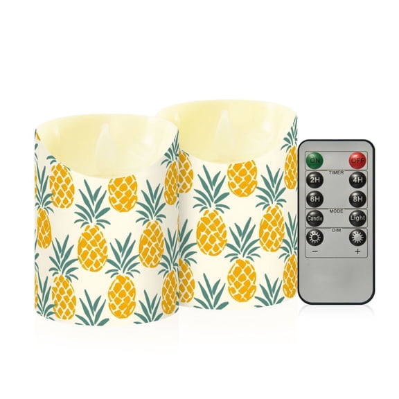 Pineapples Seamless Pattern Flameless Candles 2 PCS with Remote Realistic Moving Flame LED Tapered Pillar Set for Home Decor