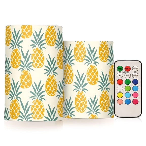 Pineapples Seamless Pattern Flameless LED Candle Set with Remote, Battery Operated Color Changing Pillar Candles, Set of 2