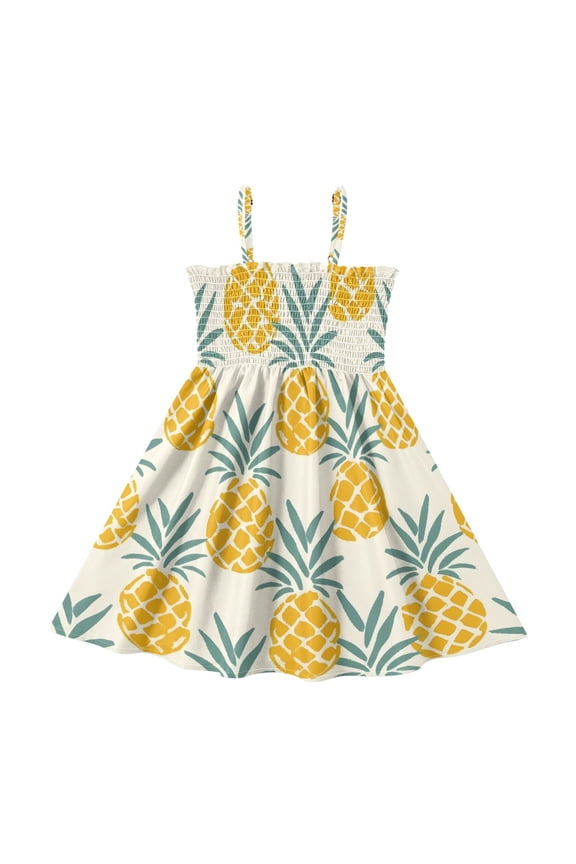 Pineapples Seamless Pattern Girls' Casual Dresses 2Y-8Y Sleeveless Ruffle Neck for Summer Daily Wear