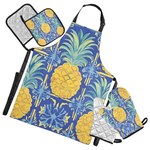 Pineapples and Blue Abstract Flower Pattern Apron Set with Oven Mitts Pot Holders Set of 5 Kitchen Stuff Accessories
