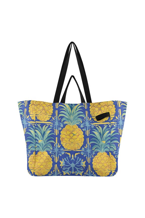 Pineapples and Blue Abstract Flower Pattern Foldable Canvas Tote Bags Reusable Grocery Bags Laundry Bags Beach Bag 32L