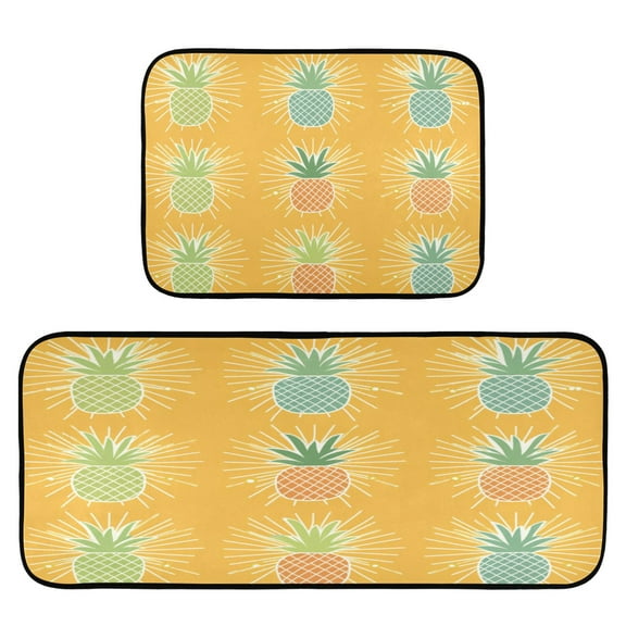 Pineapples on Orange 2-Piece Kitchen Carpet Mat Set, Non-Slip Memory Foam, Soft for Kitchen and Living Room Use