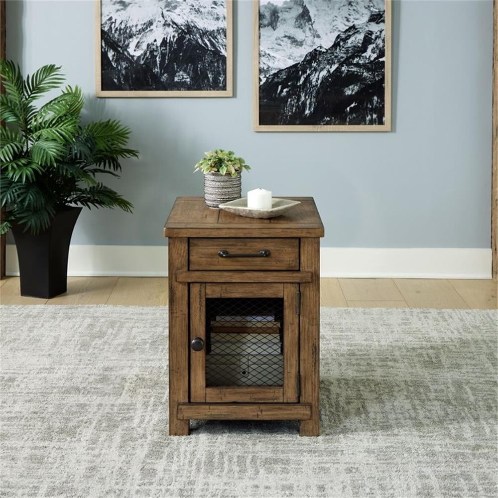 Rustic Brown Pine and Metal Rectangular Chairside Table with Storage