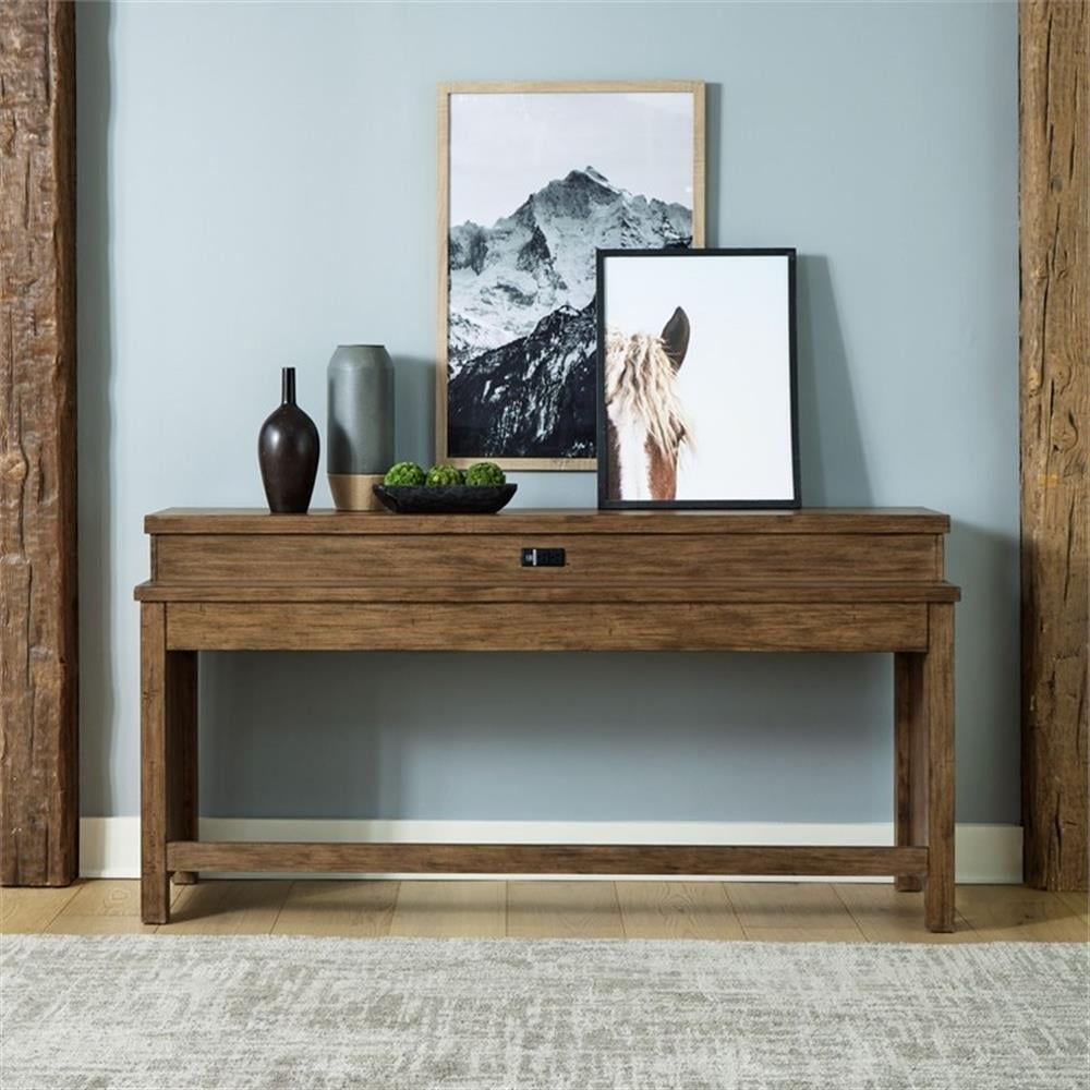 Weathered Toffee Pine Rectangular Console Bar Table with Charging Station