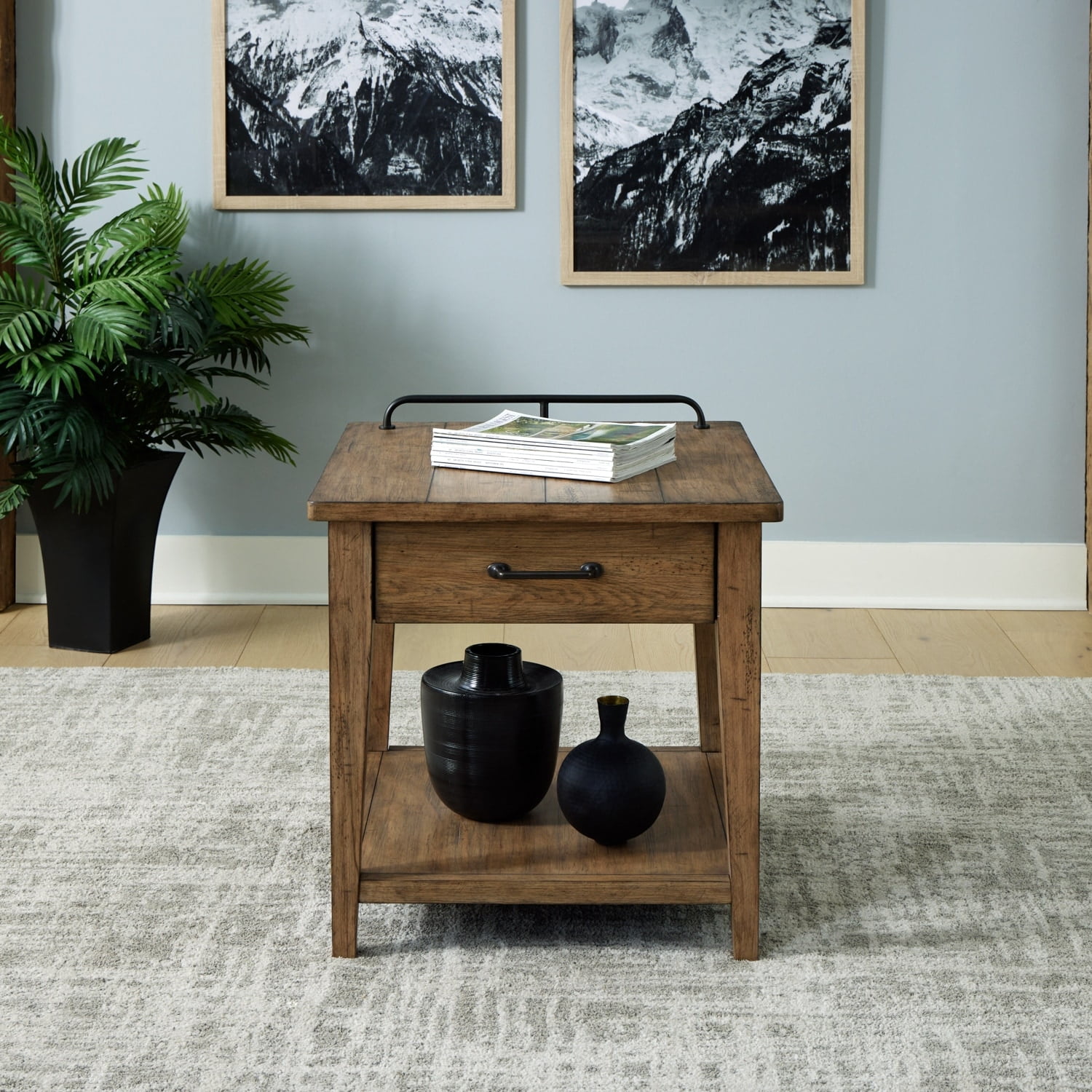 Rustic Brown Pine and Metal End Table with Storage