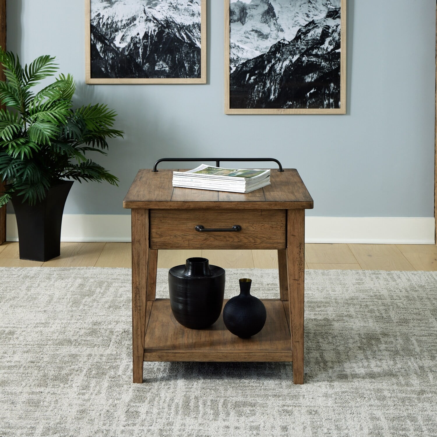 Rustic Brown Pine and Metal End Table with Storage